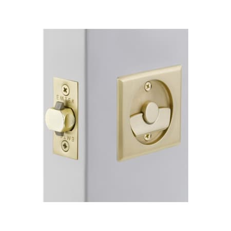 Emtek Square Privacy Pocket Door Tubular Lock with Privacy Strike Plate and Dust Box Satin Brass Finish 2135US4